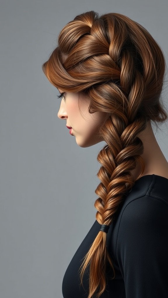 A woman with a side-swept knotless braid hairstyle.