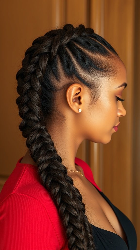 A woman showcasing knotless braids styled with a side twist.