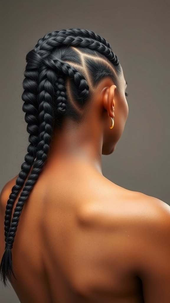 A woman with sleek knotless braids styled back, showcasing a clean and polished look.