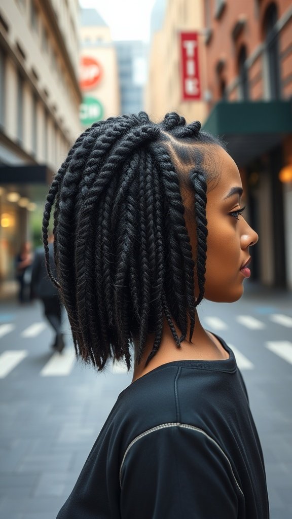 A woman with knotless braids styled in a sleek bob, showcasing a modern and chic hairstyle.