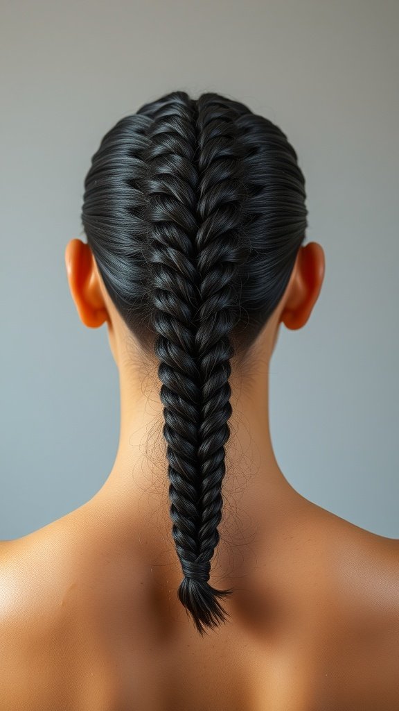 A close-up view of knotless braids styled with a sleek center part.