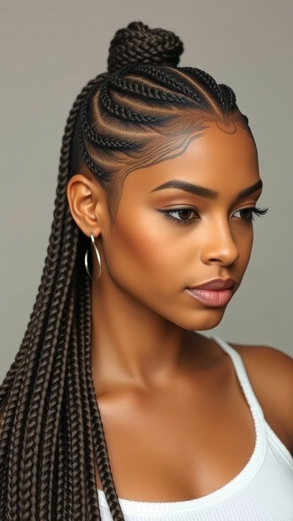 A woman with sleek knotless braids styled in a bun, showcasing a polished look.