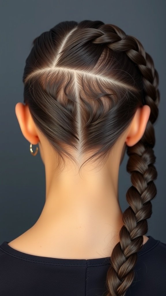 A close-up view of a sleek knotless braid hairstyle, showcasing intricate parting and a polished finish.