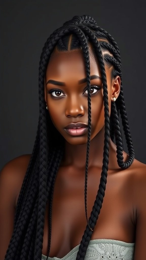 A woman with sleek knotless braids, showcasing a stylish and polished look.