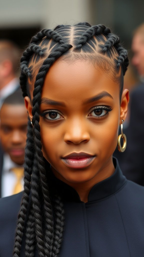 A close-up of a person with sleek knotless braids styled elegantly.