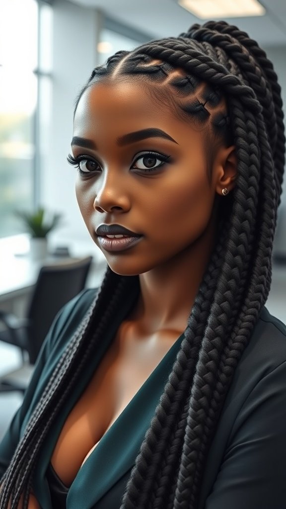 A woman with sleek knotless braids, showcasing a polished hairstyle in a modern setting.