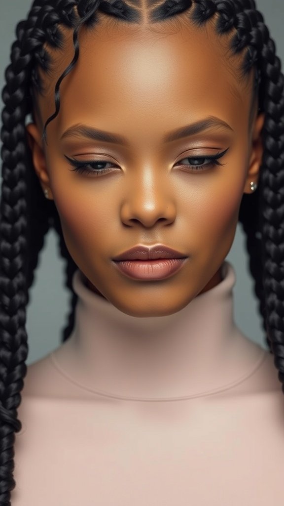 A close-up of a woman with sleek knotless braids, showcasing a polished hairstyle.