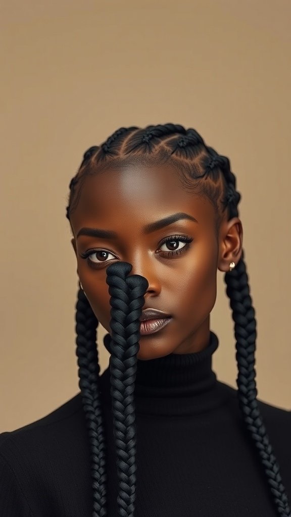 A close-up of a woman with sleek knotless braids, highlighting the hairstyle's elegance and definition.