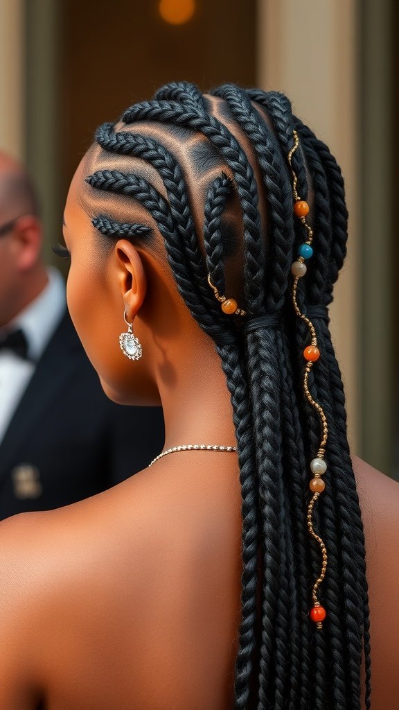 A close-up of a woman's back showcasing sleek knotless braids adorned with colorful beads.