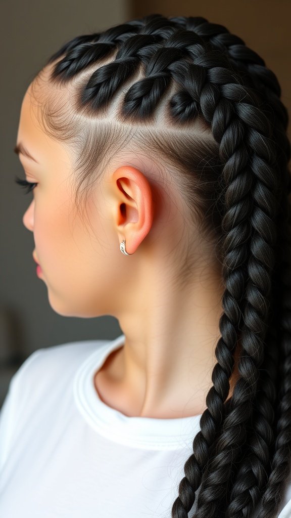 Close-up of a woman with knotless braids featuring a sleek part, showcasing a stylish protective hairstyle.