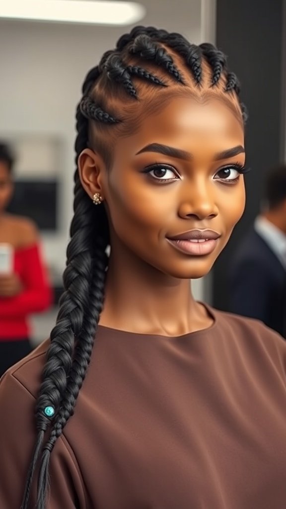A woman with knotless braids featuring a sleek part, showcasing a polished and elegant hairstyle.