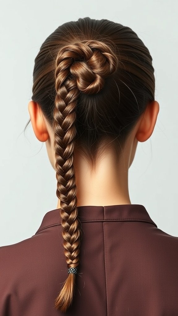 A woman with a sleek ponytail featuring a knotless braid, showcasing a stylish and elegant hairstyle.