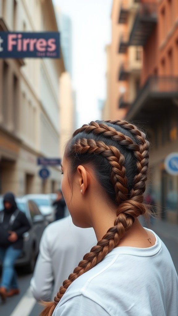 A woman with knotless braids styled into a sleek ponytail, walking in an urban setting.