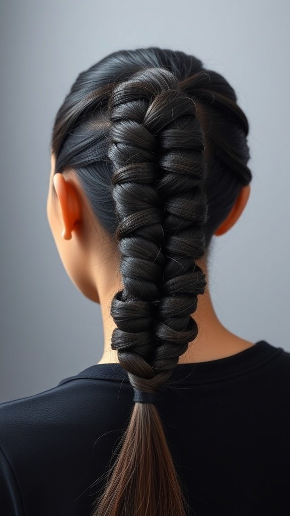 A woman with knotless braids styled into a sleek ponytail, showcasing a polished and elegant hairstyle.