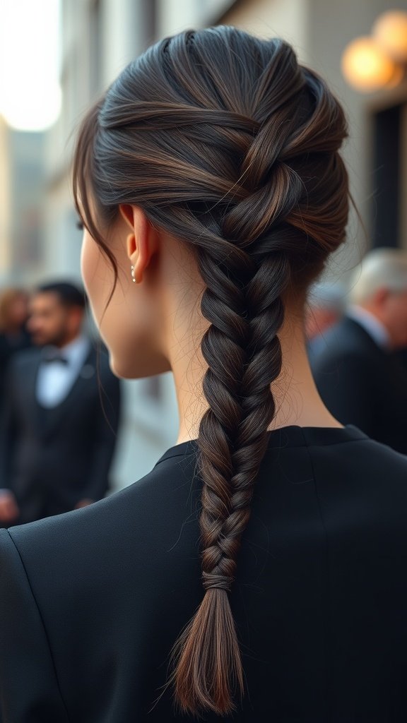 A woman with sleek knotless braids styled in a side part, showcasing a polished braid down her back.