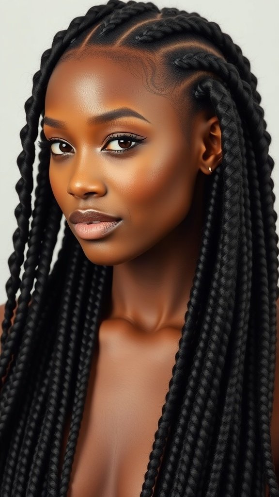 A woman with long black knotless braids styled with a sleek side part.