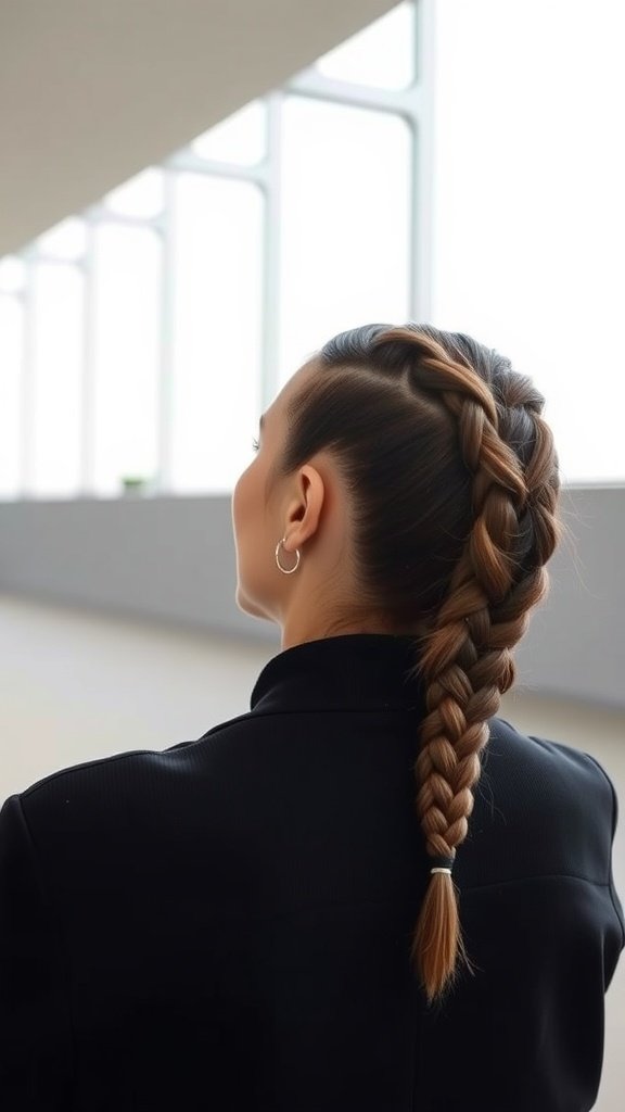 A woman with a sleek side ponytail featuring knotless braids.
