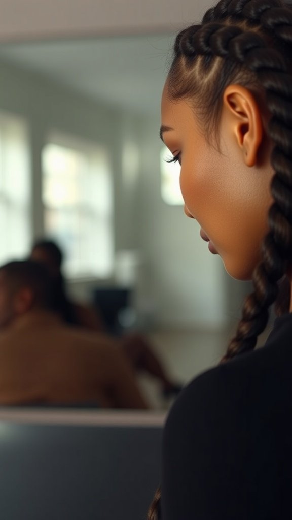 A woman with knotless braids, showcasing a smooth finish hairstyle.