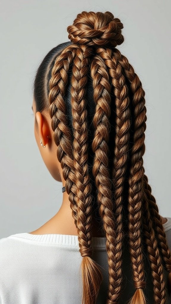 A woman with knotless braids styled in a bun, showcasing brown tones and a soft glow.