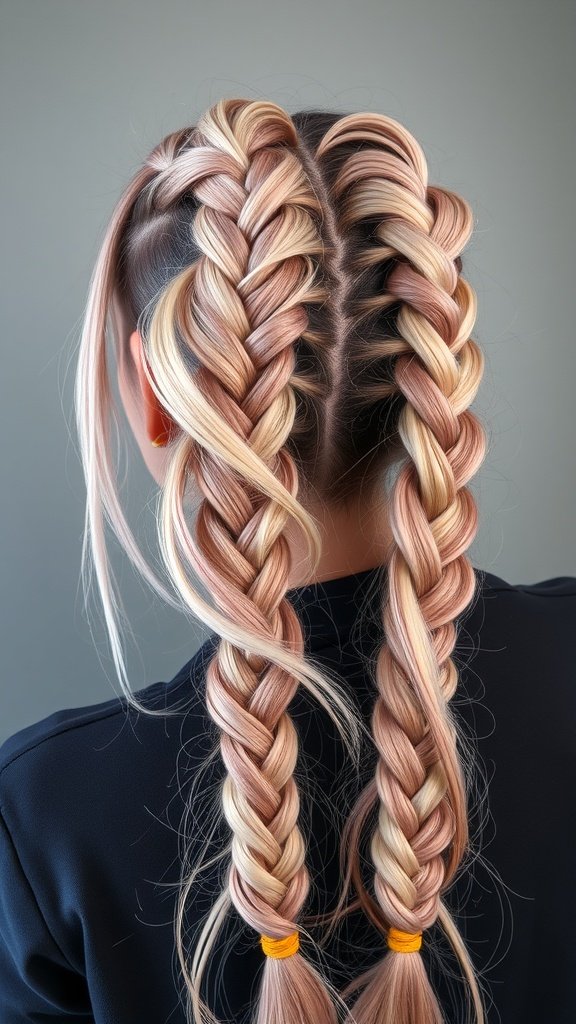A close-up view of two knotless braids with a soft ombre effect, showcasing a gradient from dark to light hair color.