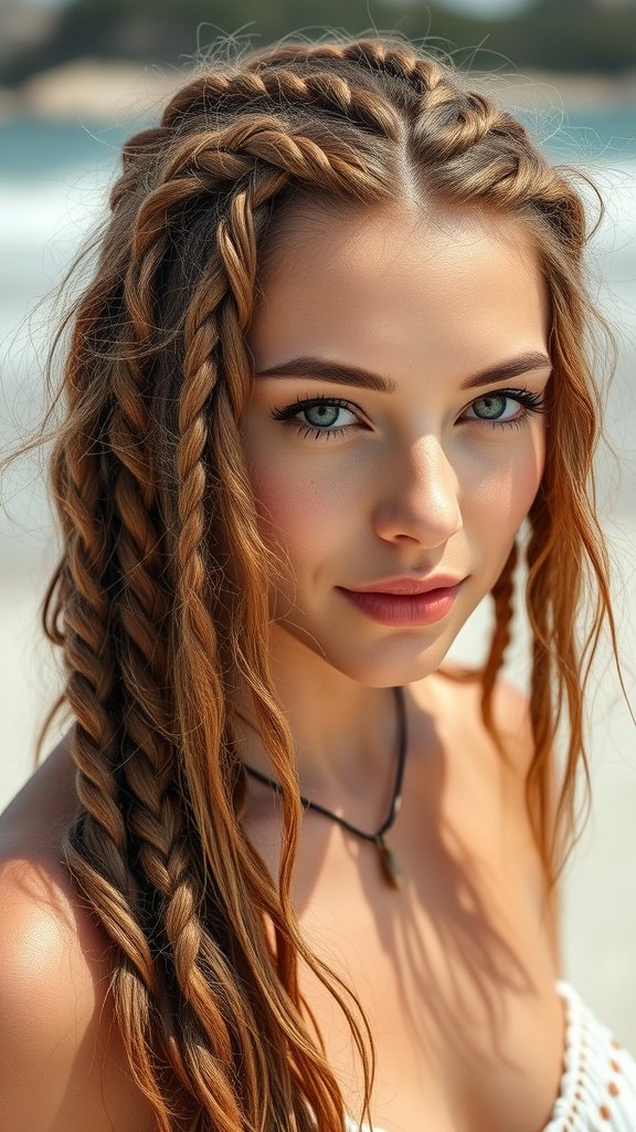 A woman with knotless braids styled with soft waves, showcasing a relaxed and chic hairstyle.