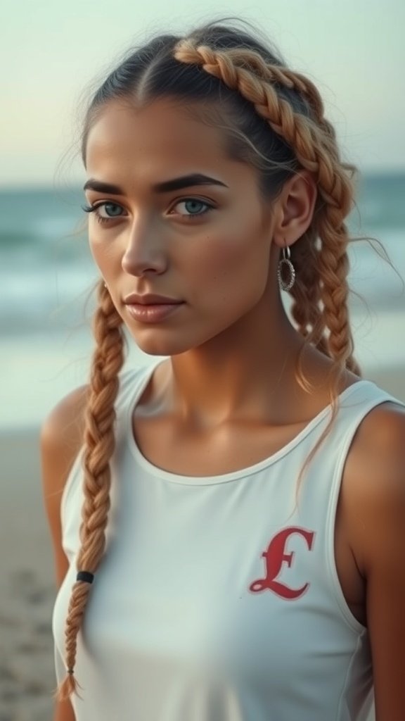 A woman with knotless braids styled in soft waves, standing on a beach.
