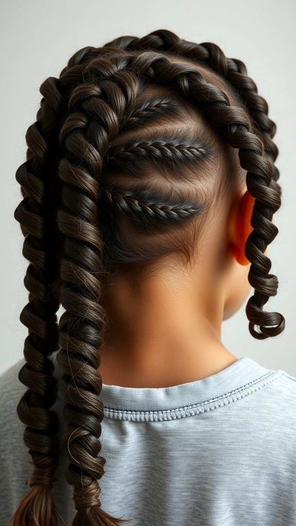 A close-up view of a child's back hairstyle featuring knotless braids with spiral curls.