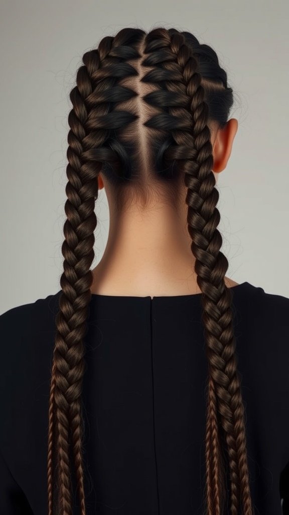 Image of two long knotless braids styled with a statement clip.