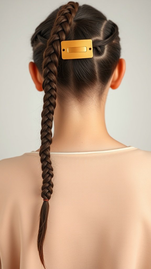 A person with knotless braids styled with a gold statement clip.