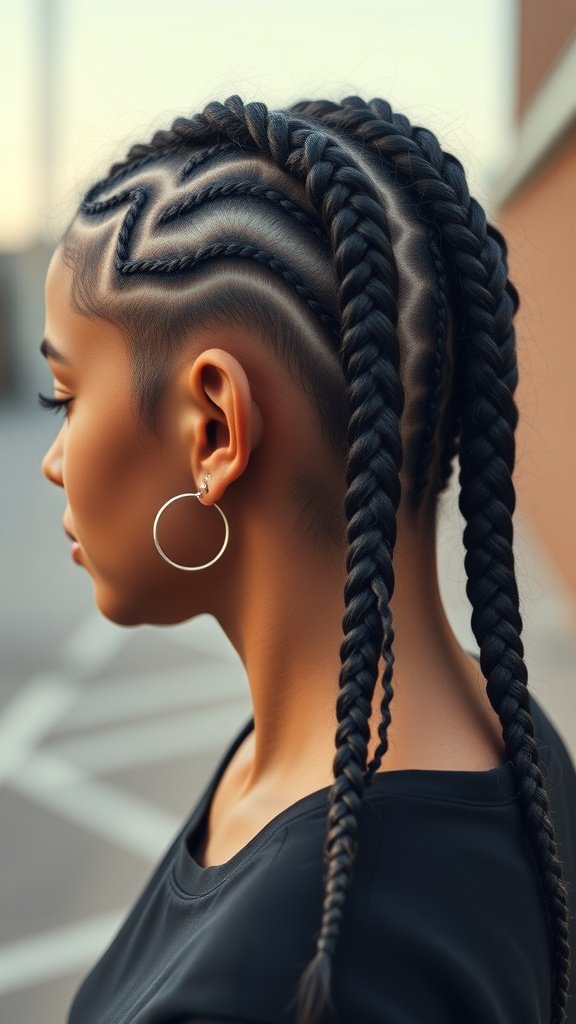 A woman with knotless braids and a subtle fade hairstyle, showcasing a stylish and modern look.