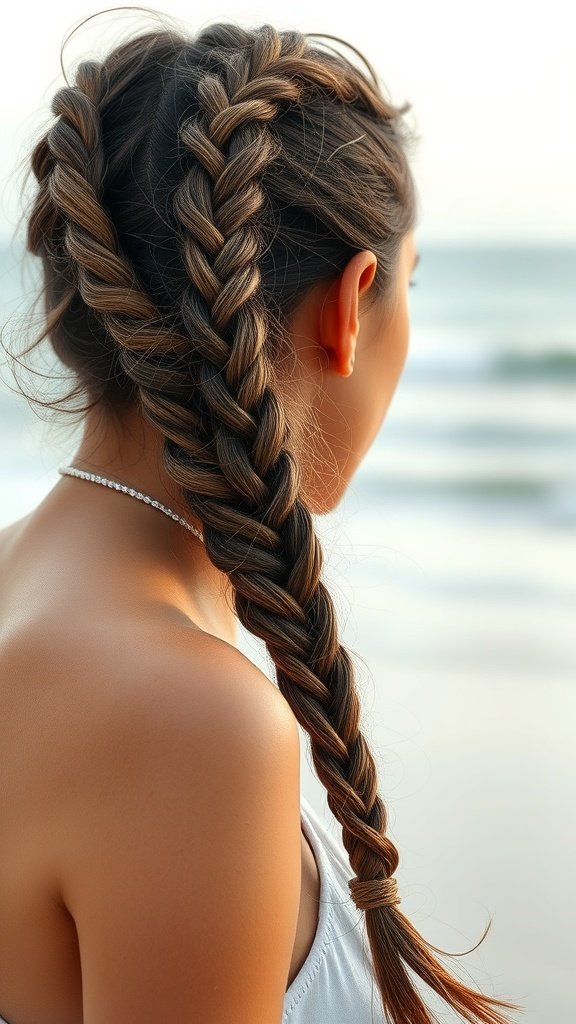 A woman with knotless braids styled in a subtle wave, showcasing intricate braiding and a relaxed beach setting.