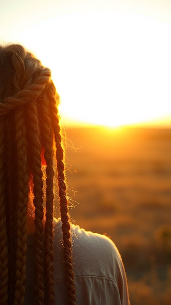 A person with knotless braids standing against a sunset backdrop.