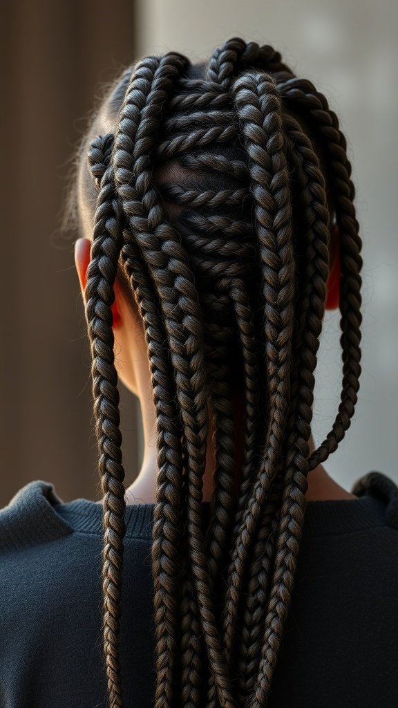 A close-up view of knotless braids with a textured finish, showcasing a stylish hairstyle.