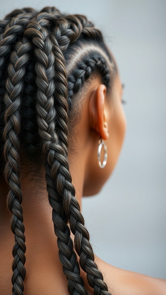 Close-up of a woman with knotless braids styled in a textured finish.