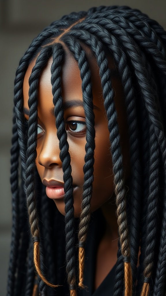 A close-up of a person with knotless braids featuring a textured finish, showcasing dark and light tones.