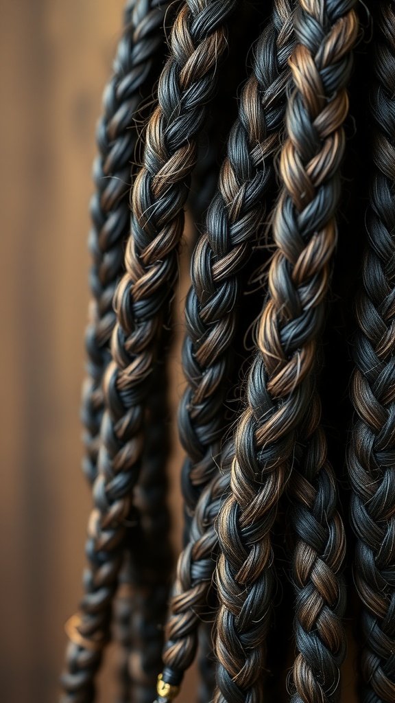 Close-up of long knotless braids with a textured finish, showcasing dark and light tones.