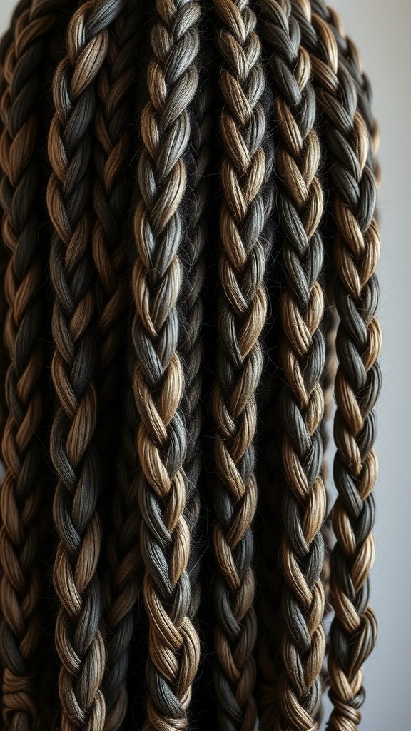 Close-up of textured knotless braids in dark and light tones
