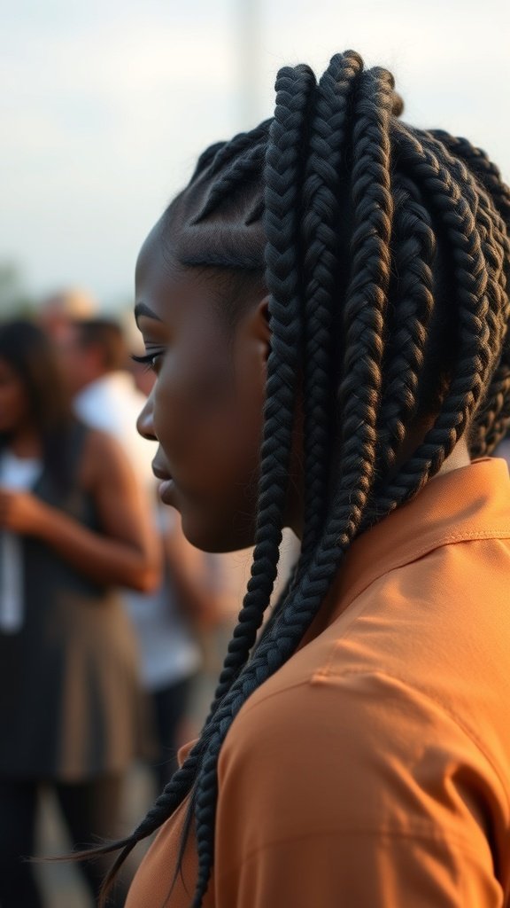 A woman with knotless braids styled with a textured finish, showcasing a clean and polished look.