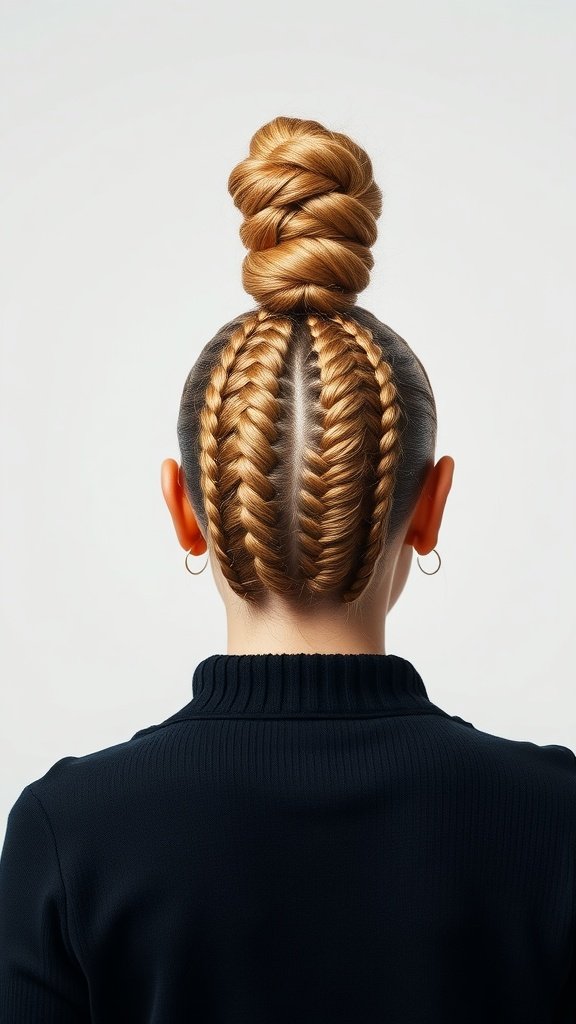 A woman showcasing knotless braids styled into a top knot.