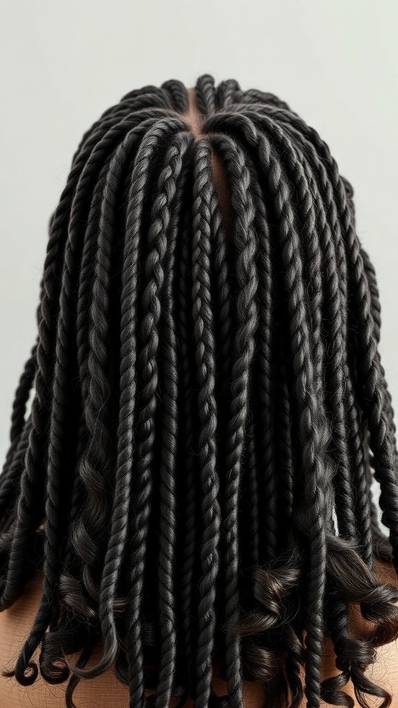 A back view of knotless braids styled with a twist-out, featuring long, flowing curls at the ends.