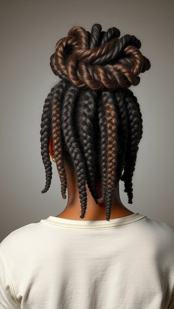 A woman with knotless braids styled in a twist-out, featuring a bun on top and curly ends.