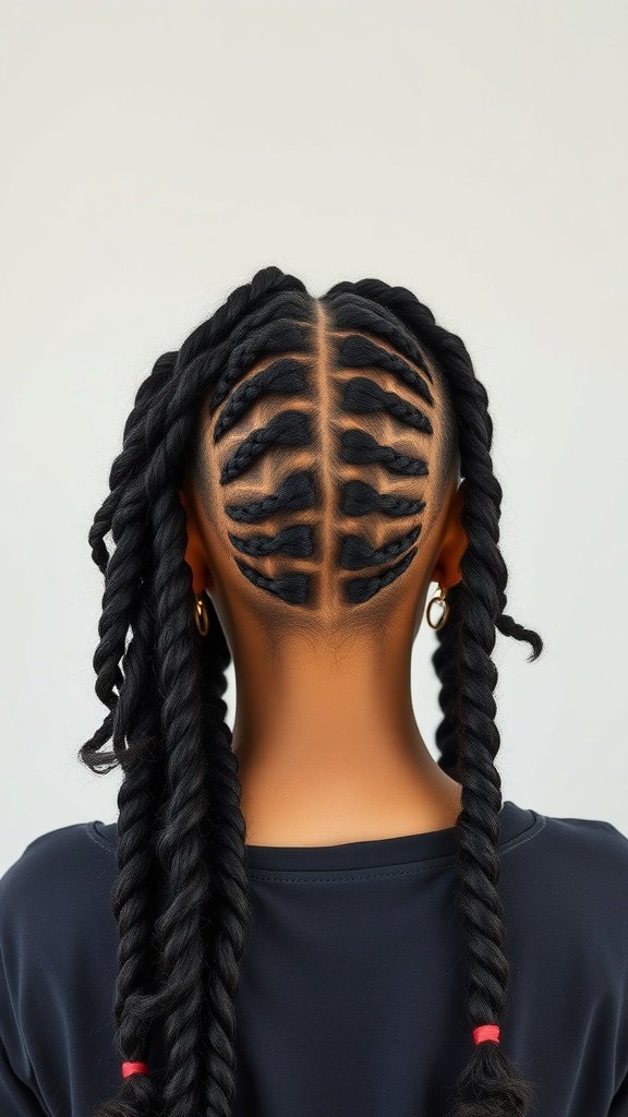 A close-up view of a person's back with knotless braids styled in a twist-out, showcasing intricate patterns and curls.