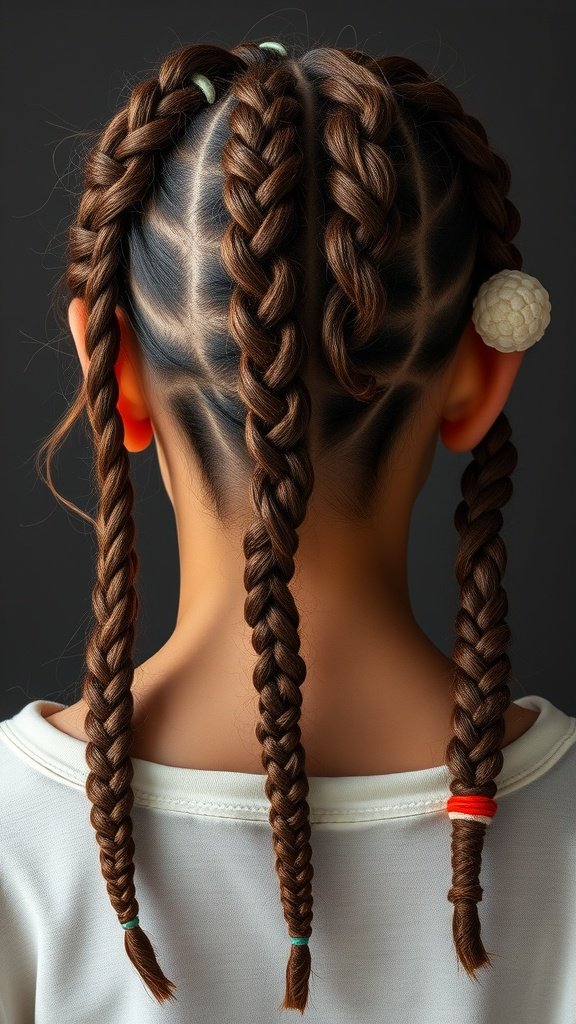 A close-up view of a person's back with multiple knotless braids styled neatly, featuring colorful hair ties.