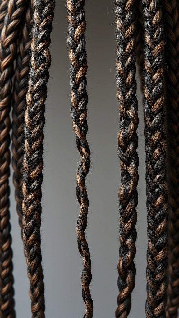 Close-up of knotless braids featuring a mix of dark and light tones.