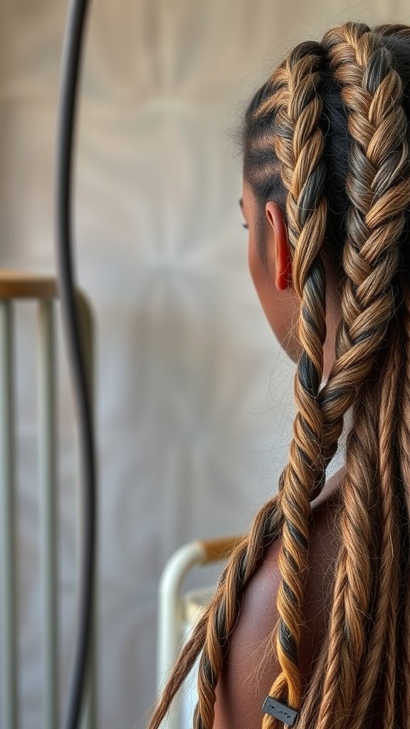 A close-up view of a person with stylish knotless braids featuring curls at the ends.