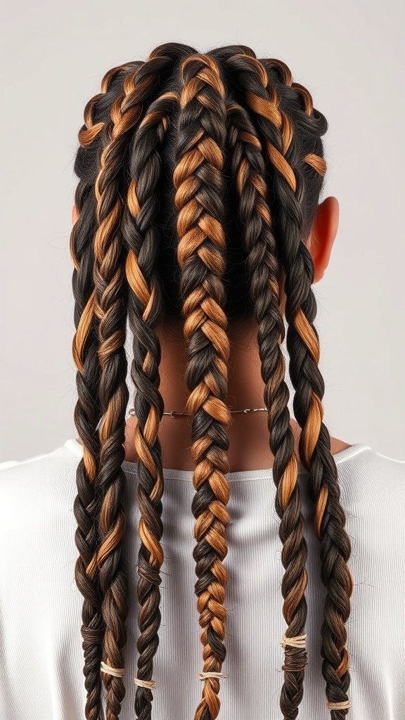 A close-up view of knotless braids with a twist, featuring a mix of dark and light colors.