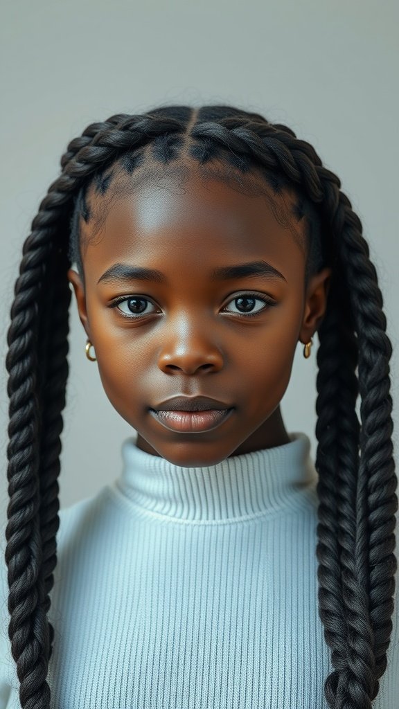 A young girl with long knotless braids, showcasing an elegant hairstyle.