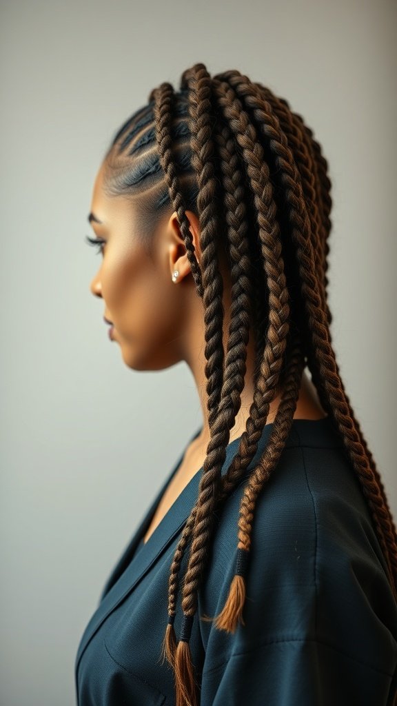 A profile view of a woman with small boho knotless braids, showcasing their neat and stylish appearance.