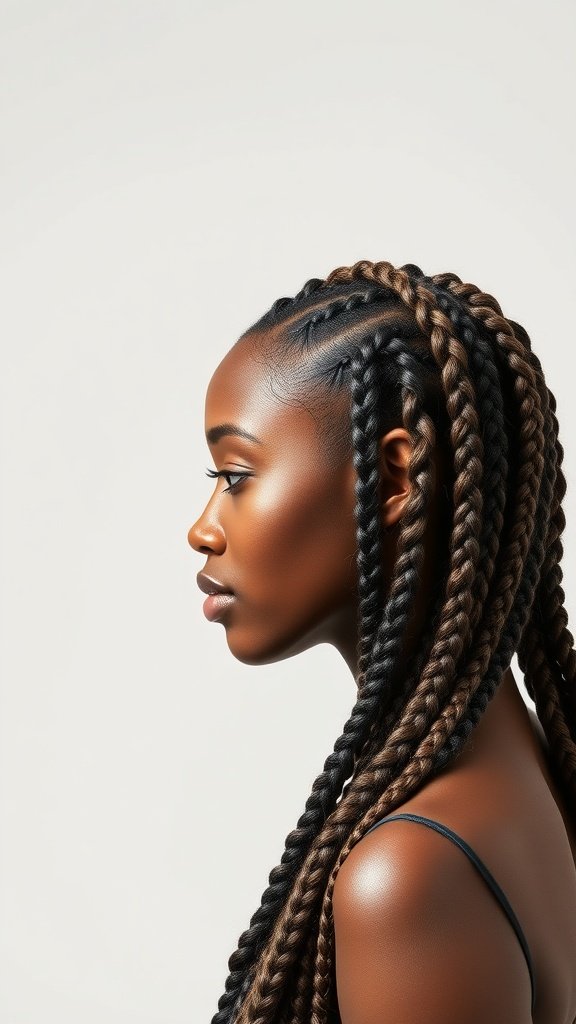 A profile view of a woman with beautifully styled knotless braids, showcasing a blend of dark and light tones.