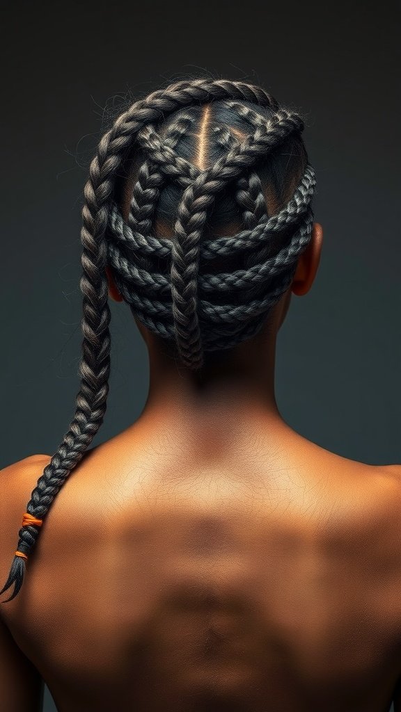 A close-up view of a woman's back showcasing intricate knotless braids styled in a unique twist pattern.